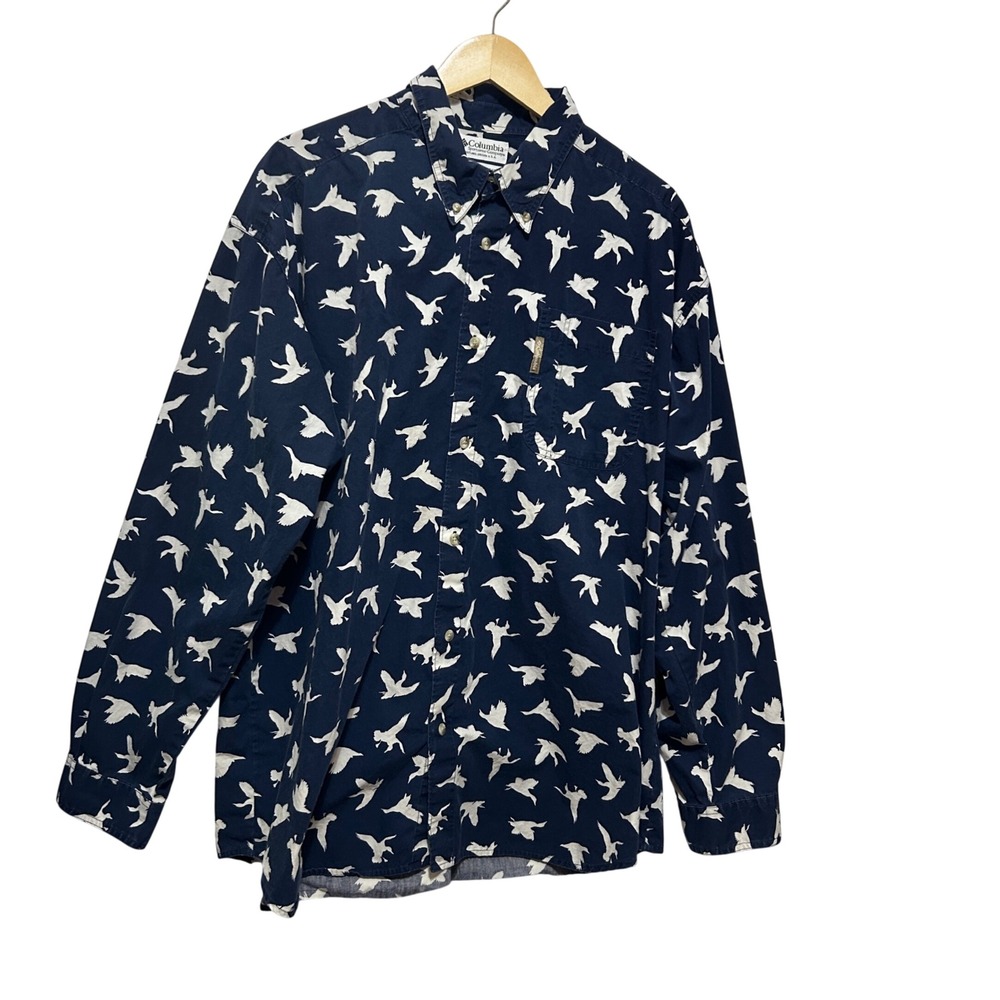Columbia Mens Gorpcore Outdoorsy Button Down Shirt XXL Navy Bird Print Cotton